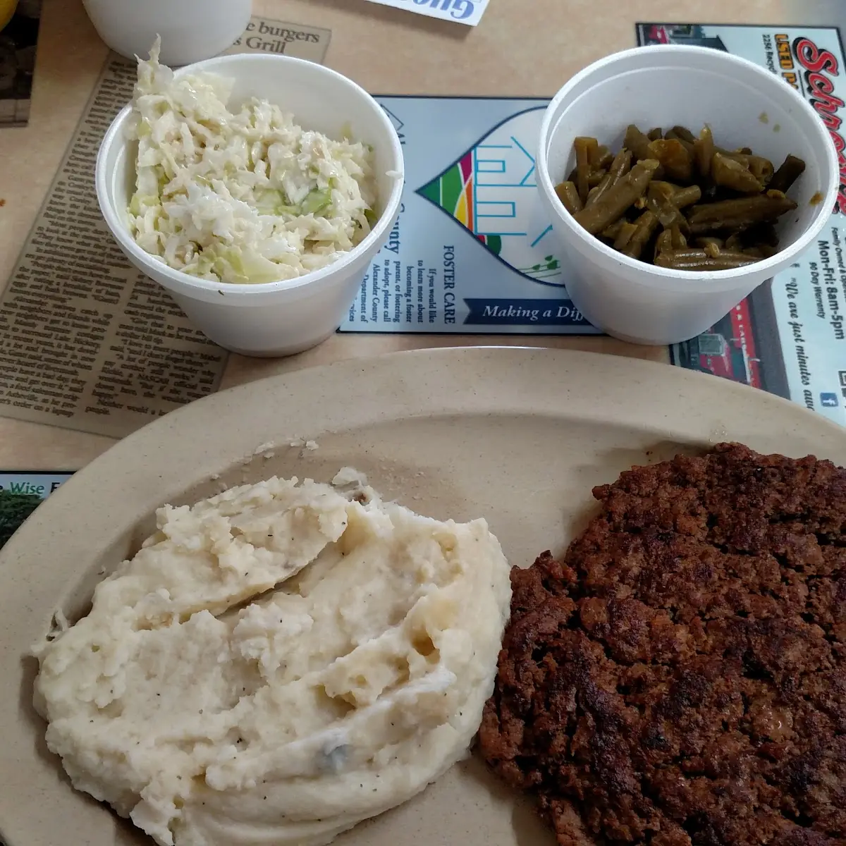 Hamburger Steak Mashed Potatoes Green Beans and Slaw