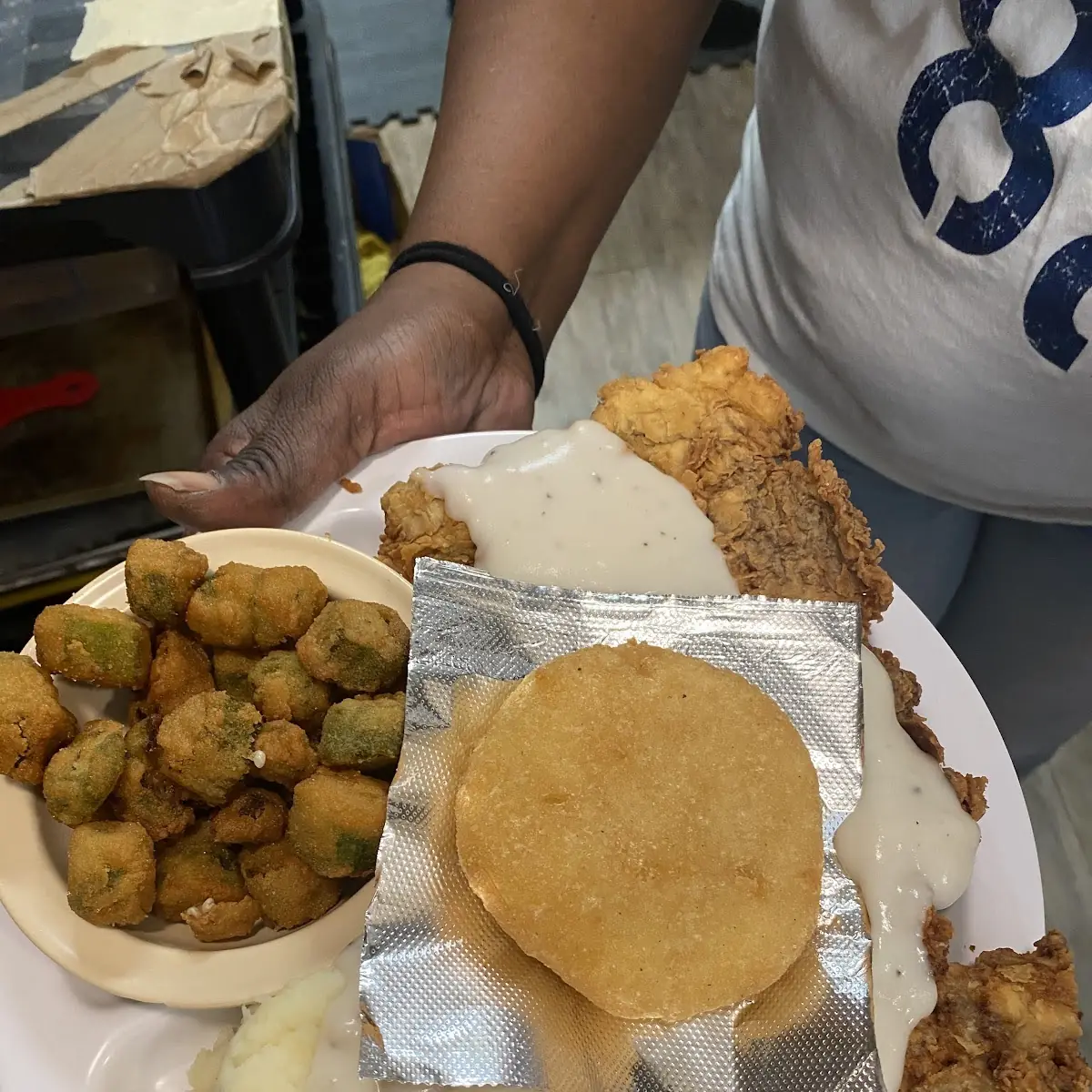 Country Fried Steak Fried Okra Mashed Potatoes Roll