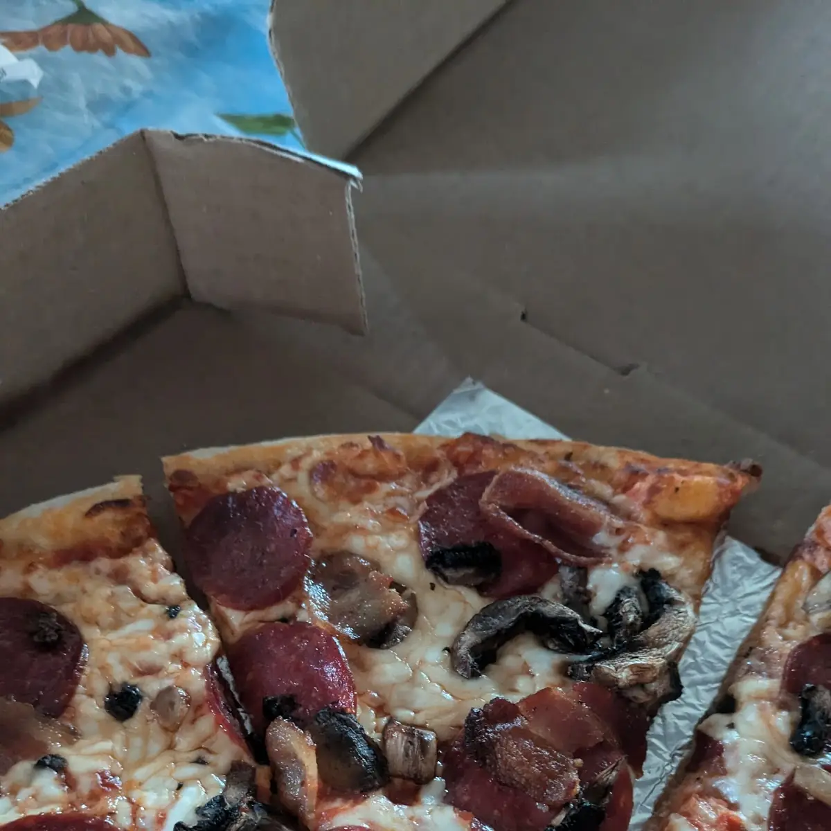 Pepperoni Bacon and Mushroom Pizza