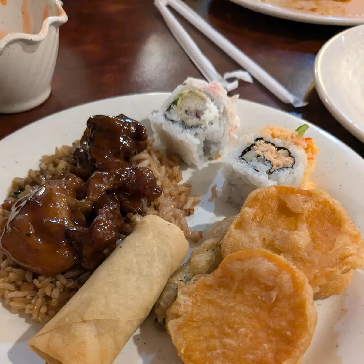 Sweet Potato Chips Spring Roll Sushi and Pepper Chicken