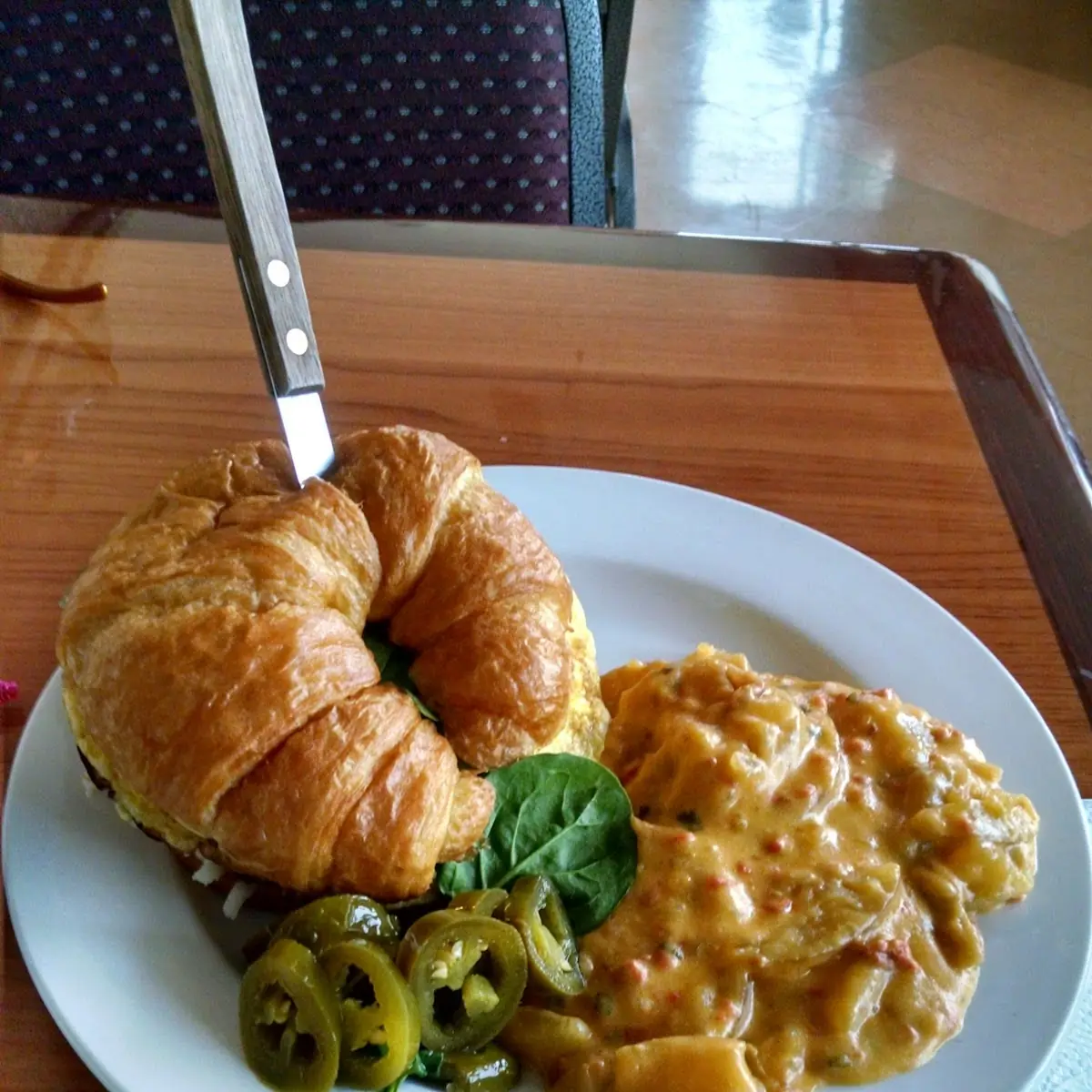 Breakfast Croissant Sandwich with Cheese Potatoes