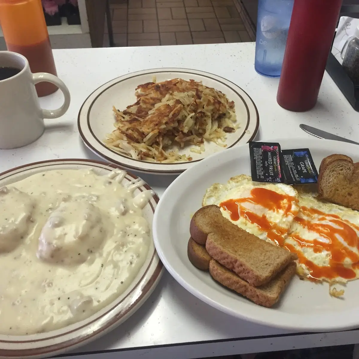 Biscuits and Gravy Eggs and Hash Browns