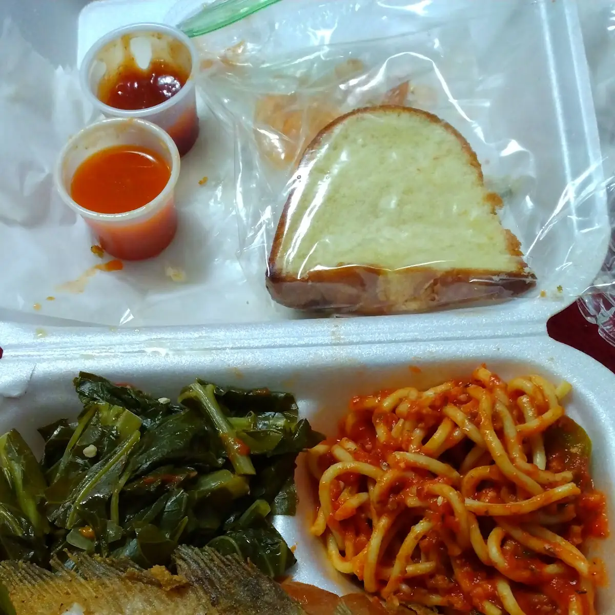 Fried Whole Catfish with Spaghetti Greens & Pound Cake
