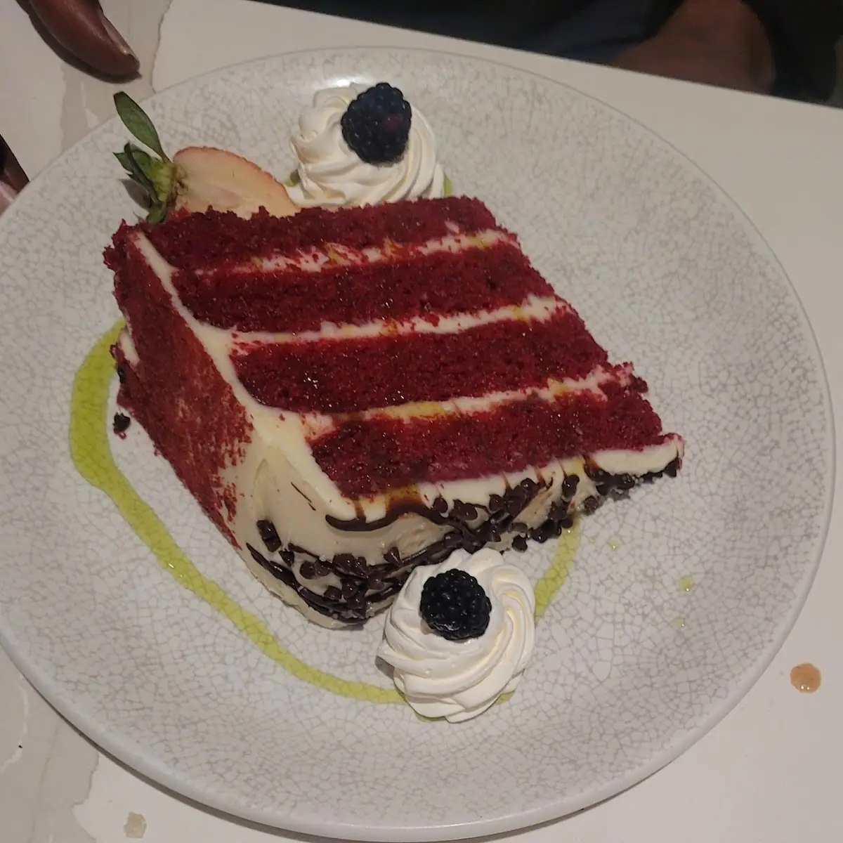 Red Velvet Cake with Kiwi Rum Sauce