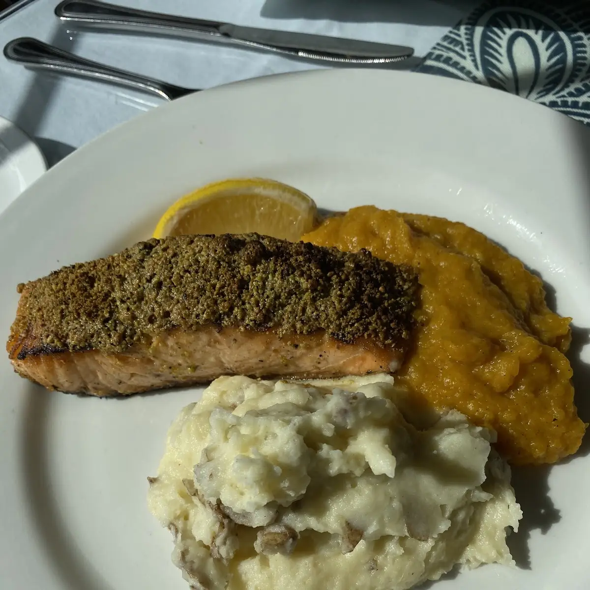Pistachio Crusted Salmon with Mashed Potatoes
