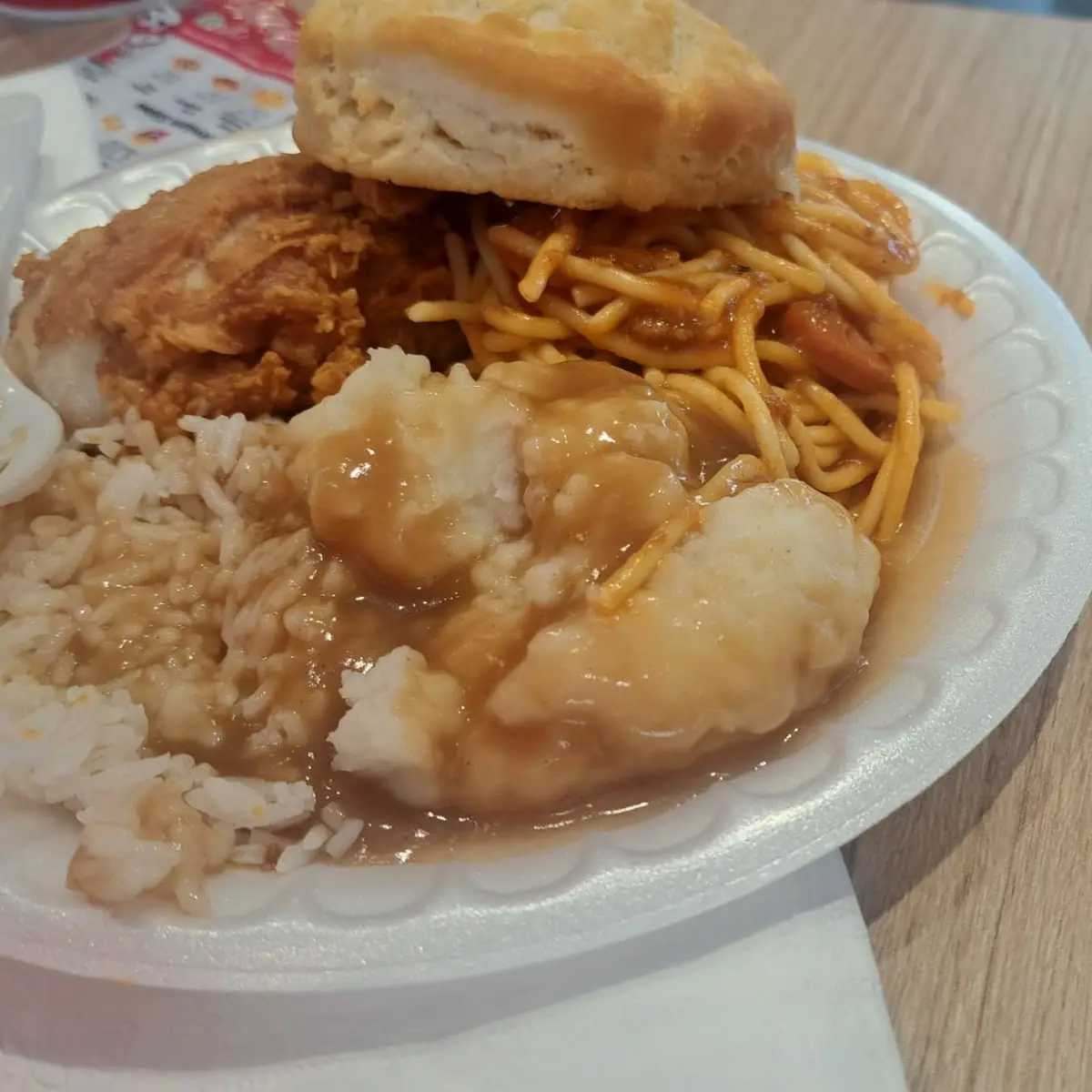 Fried Chicken Gravy and Mashed Potato Biscuit Spaghetti