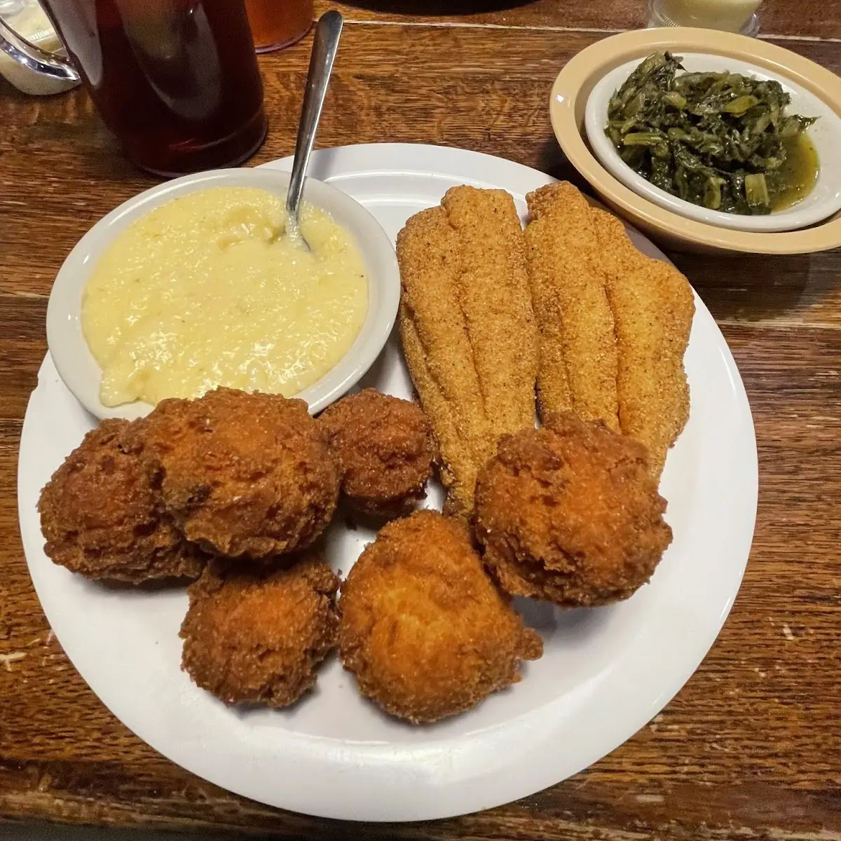 2 PC Fried Catfish Plate with Cheese Grits Turnip Greens and Hushpuppies