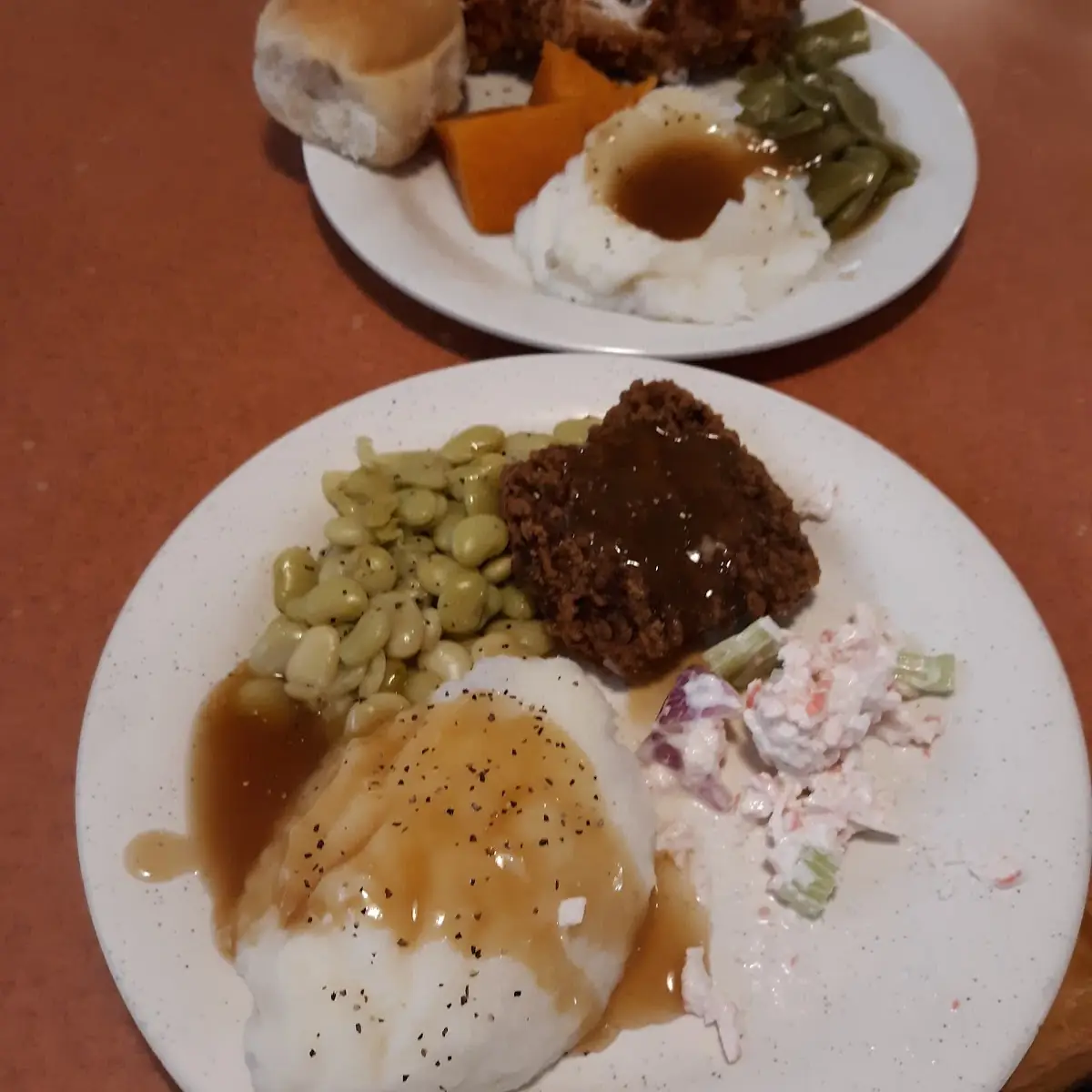 Chicken Fried Steak Lima Beans Mashed Potatoes Gravy Seafood Salad