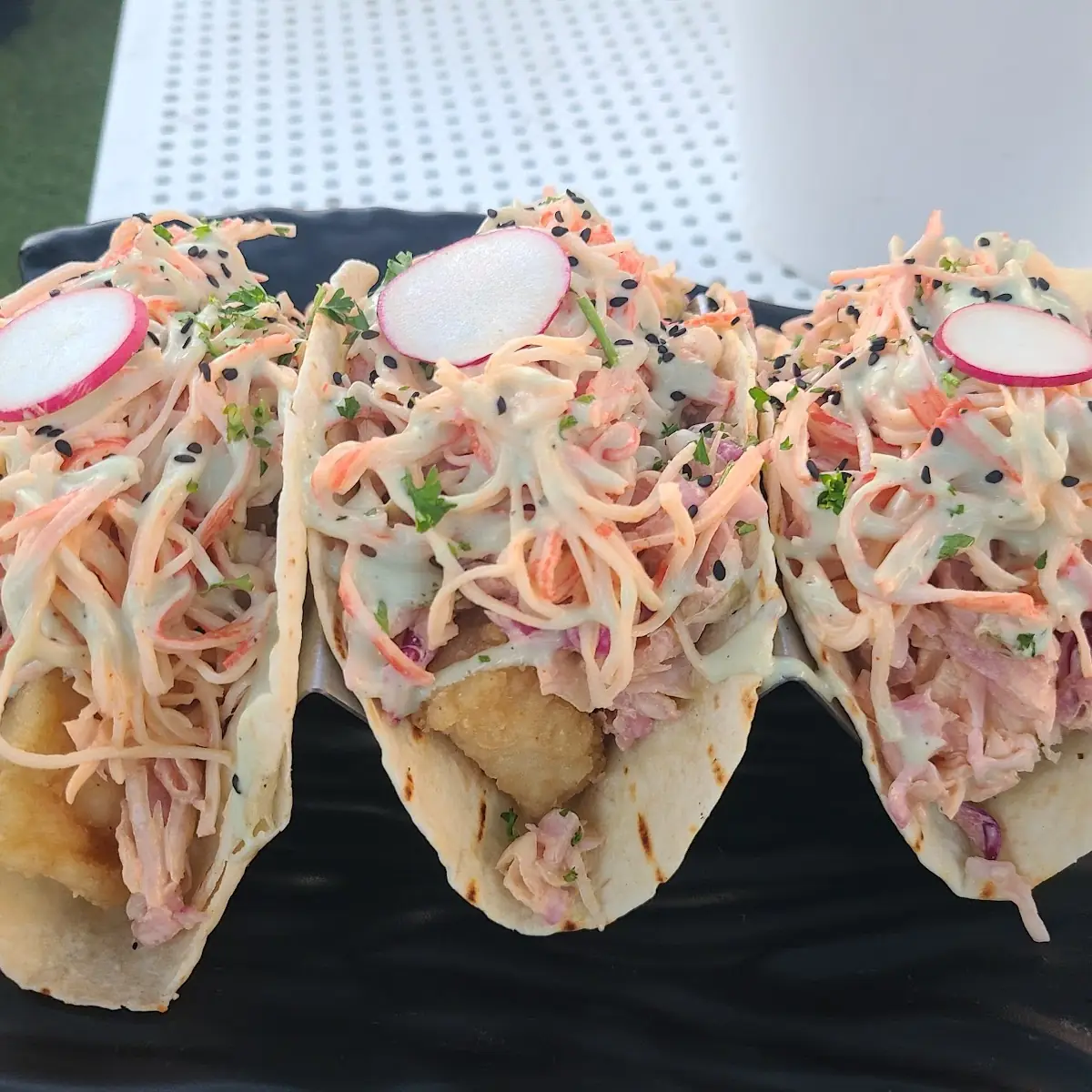 Fish Tacos with Spicy Krab