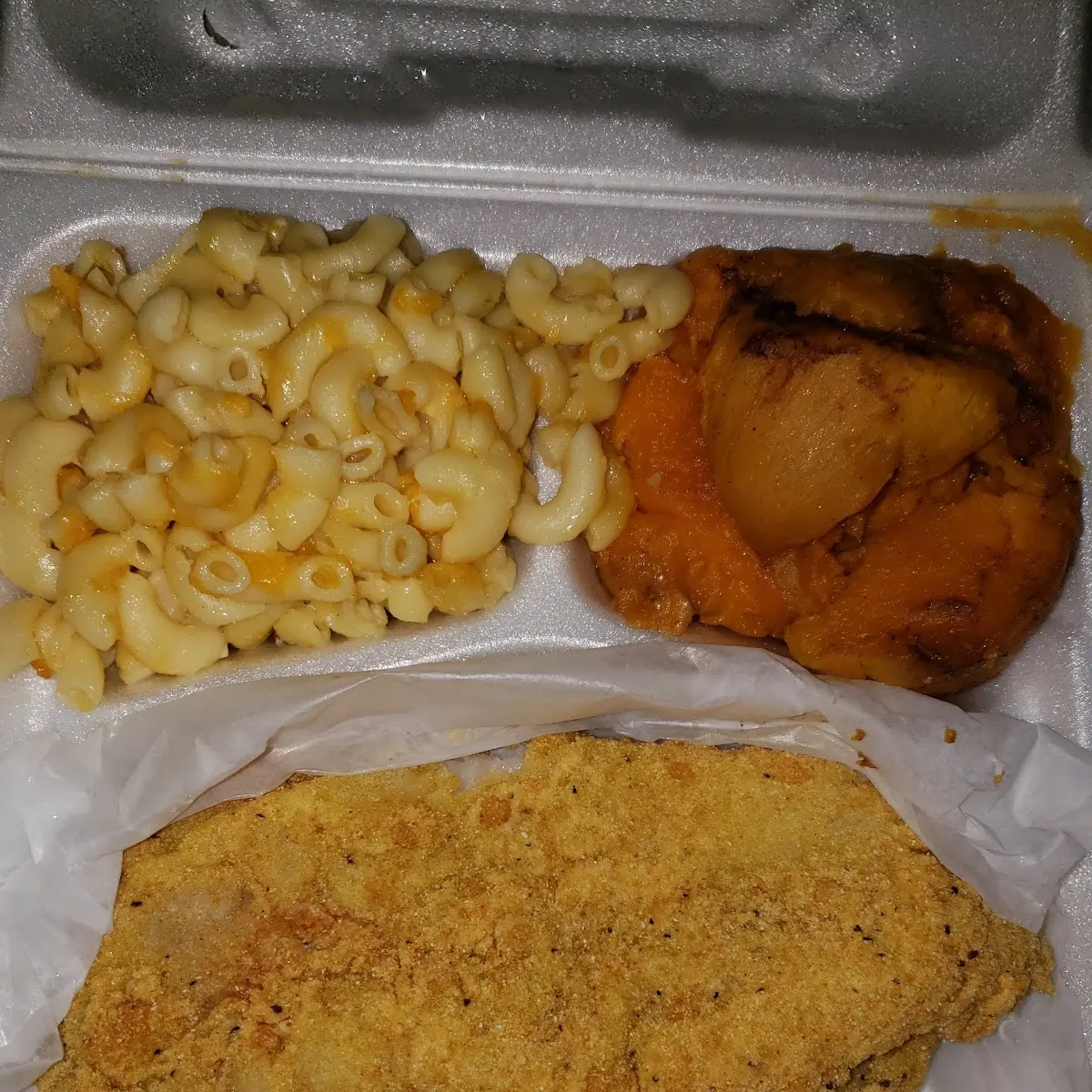 Fried Fish Candied Yams Mac & Cheese