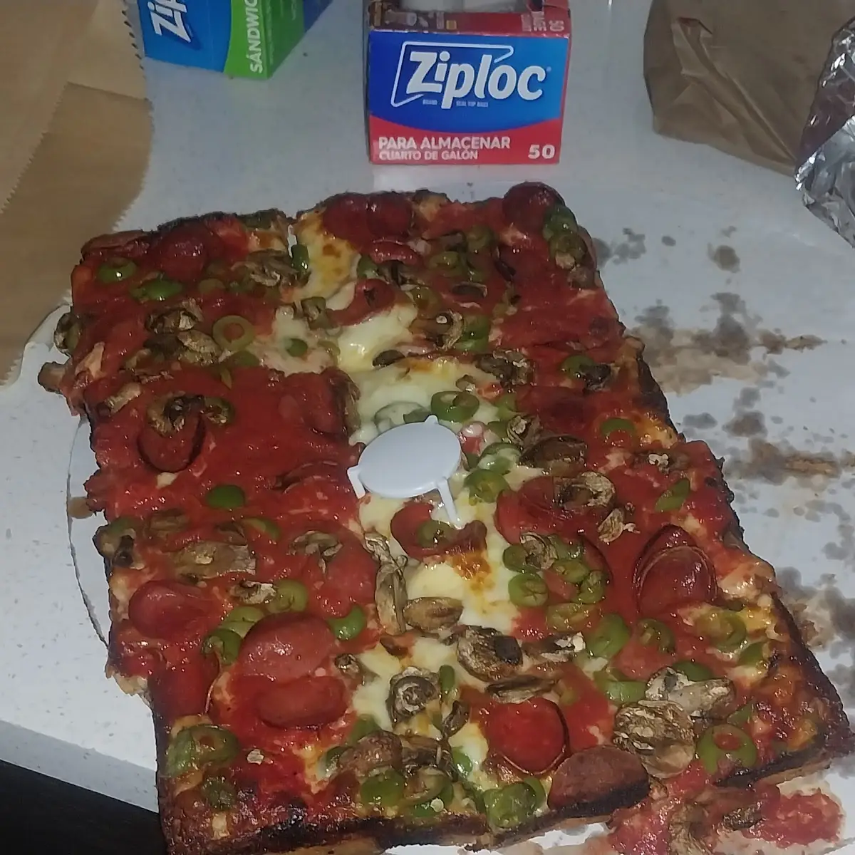Deep Dish Mushroom Pepperoni and Green Olives