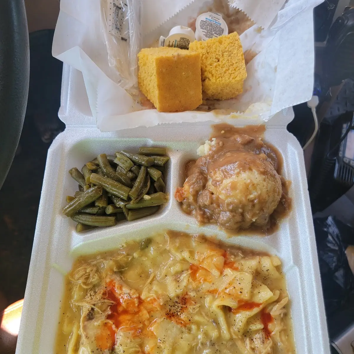 Chicken and Dumplings Mashed with Gravy Green Beans