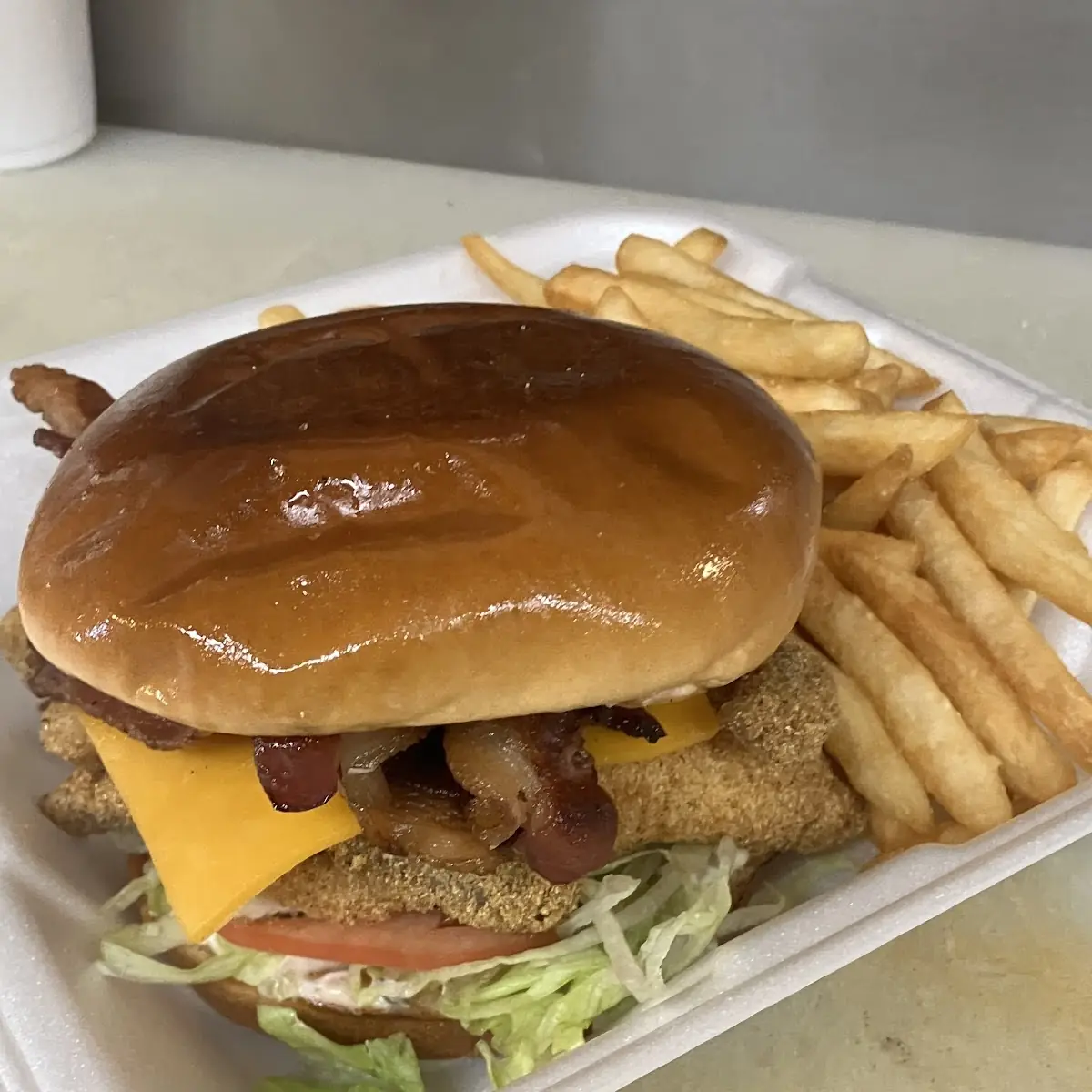 Catfish Sandwich with Bacon and Cheddar Cheese
