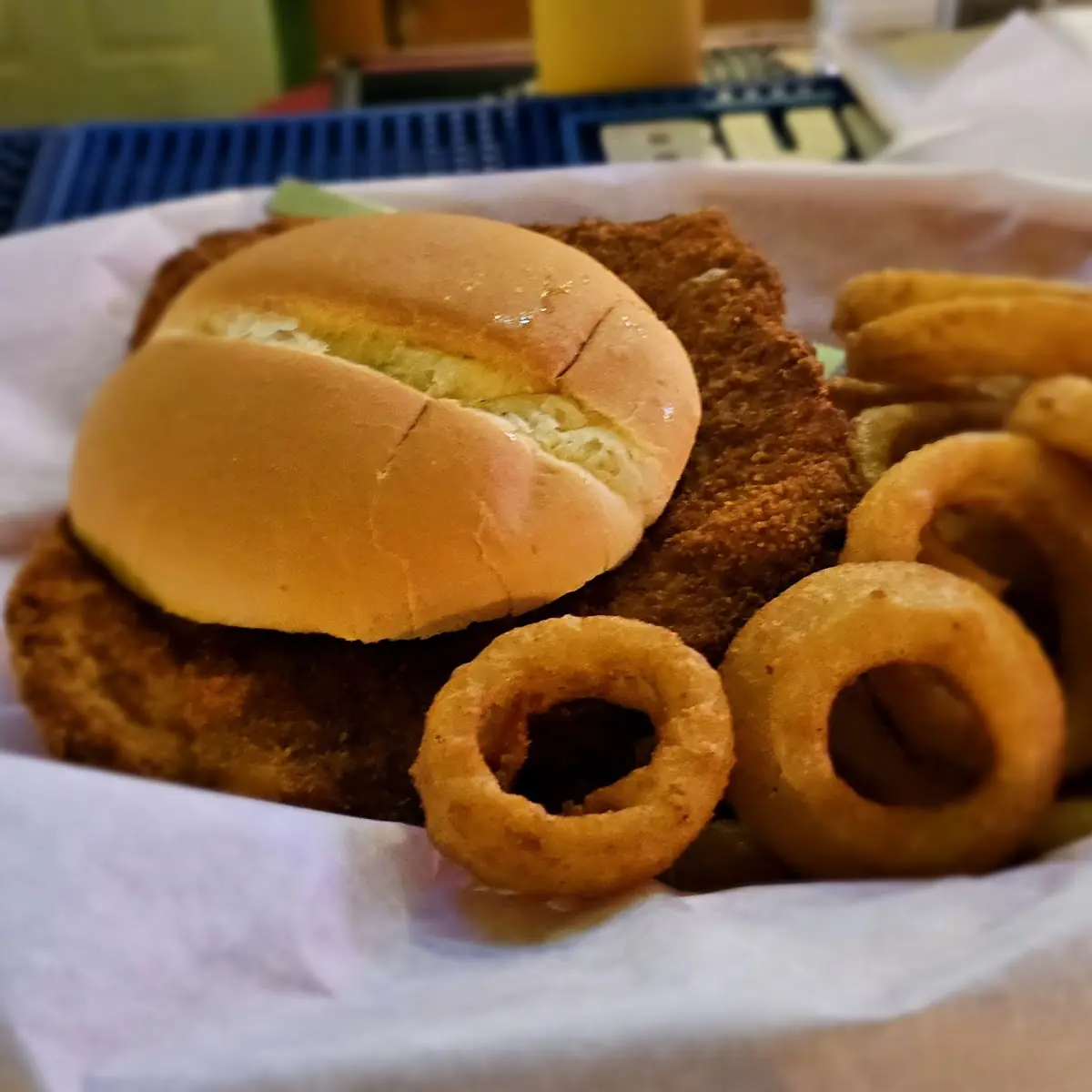 Breaded Tenderloin Sandwich and Onion Rings