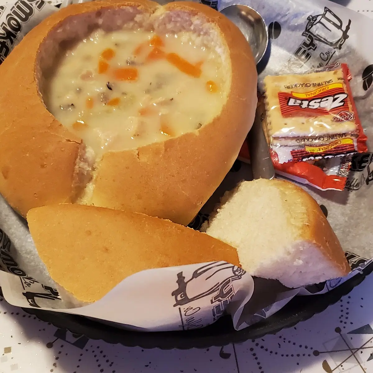 Chicken and Wild Rice Soup in Bread Bowl