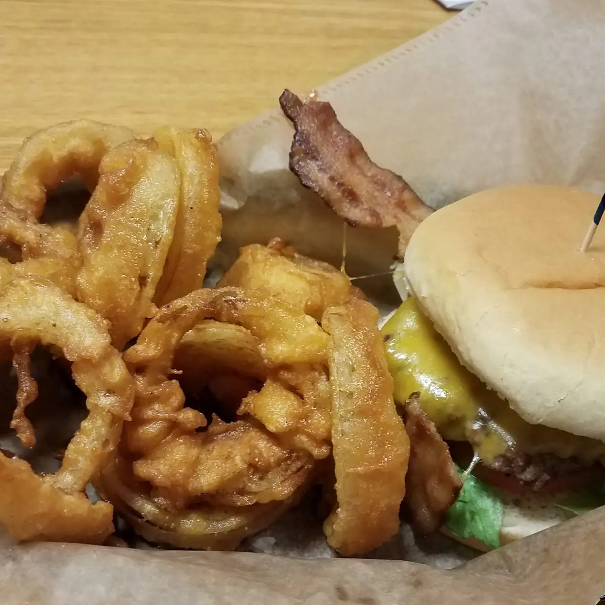 Burger and Onion Rings