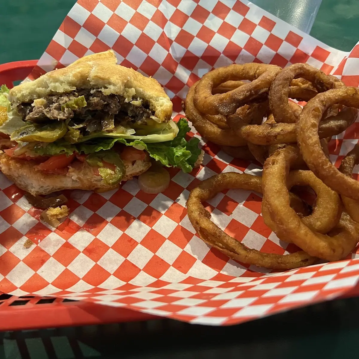 Burger with Onion Rings
