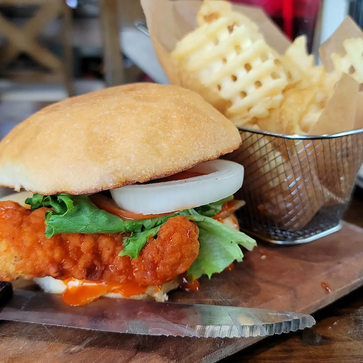 Buffalo Chicken Sandwich with Waffle Fries