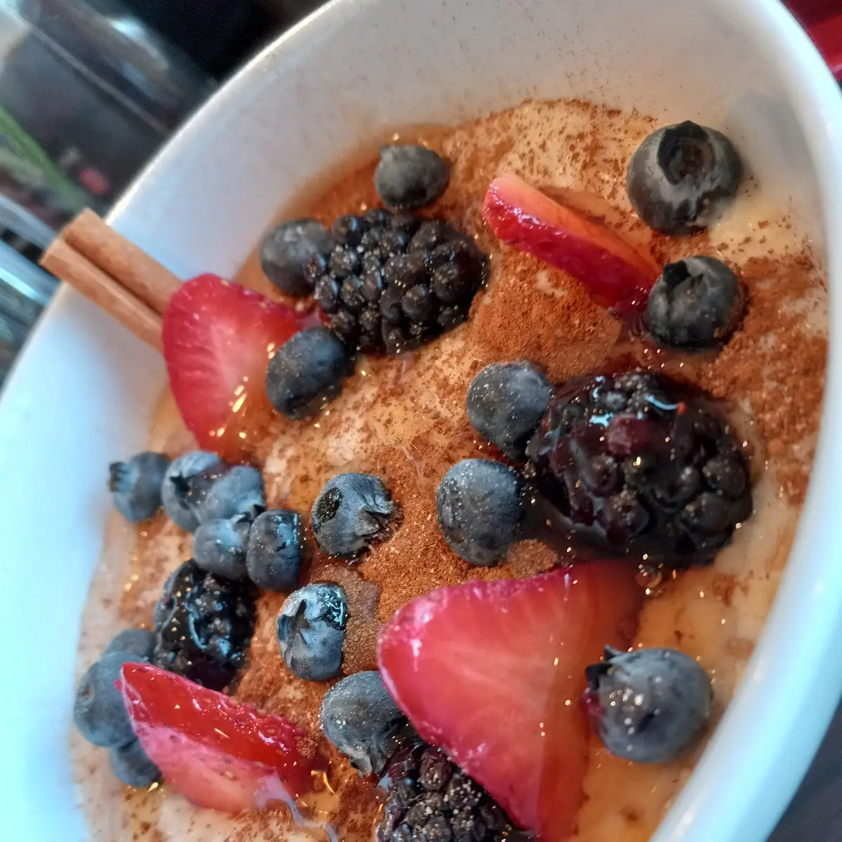 Oatmeal Topped with Fresh Fruit Substituted with SF Syrup Delish