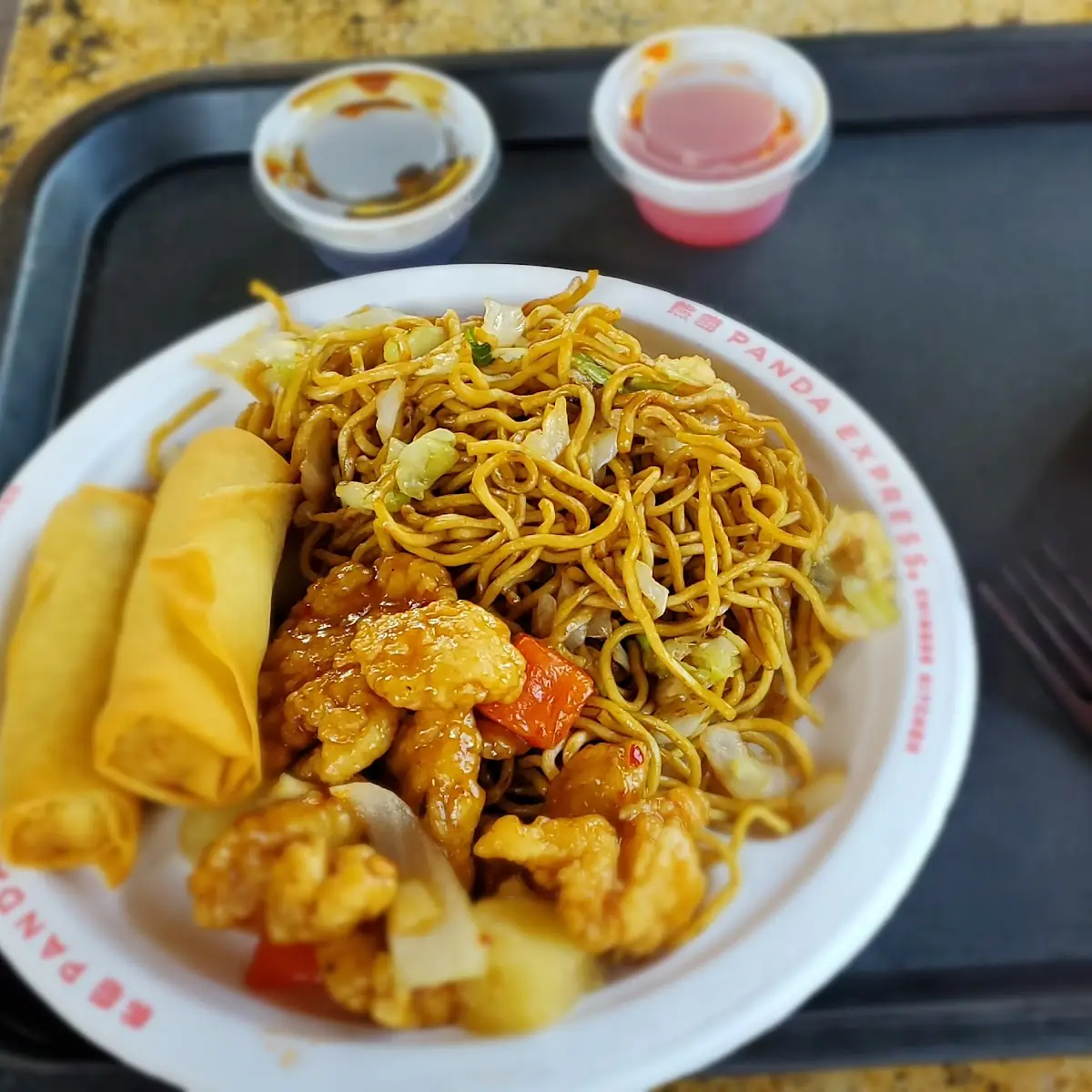 Orange Chicken Chow Mein and Spring Roll