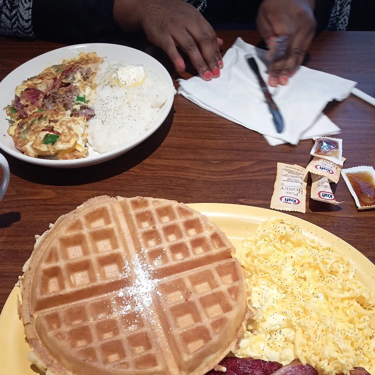 Belgian Waffle Scrambled Eggs with Cheese and Beef Bacon