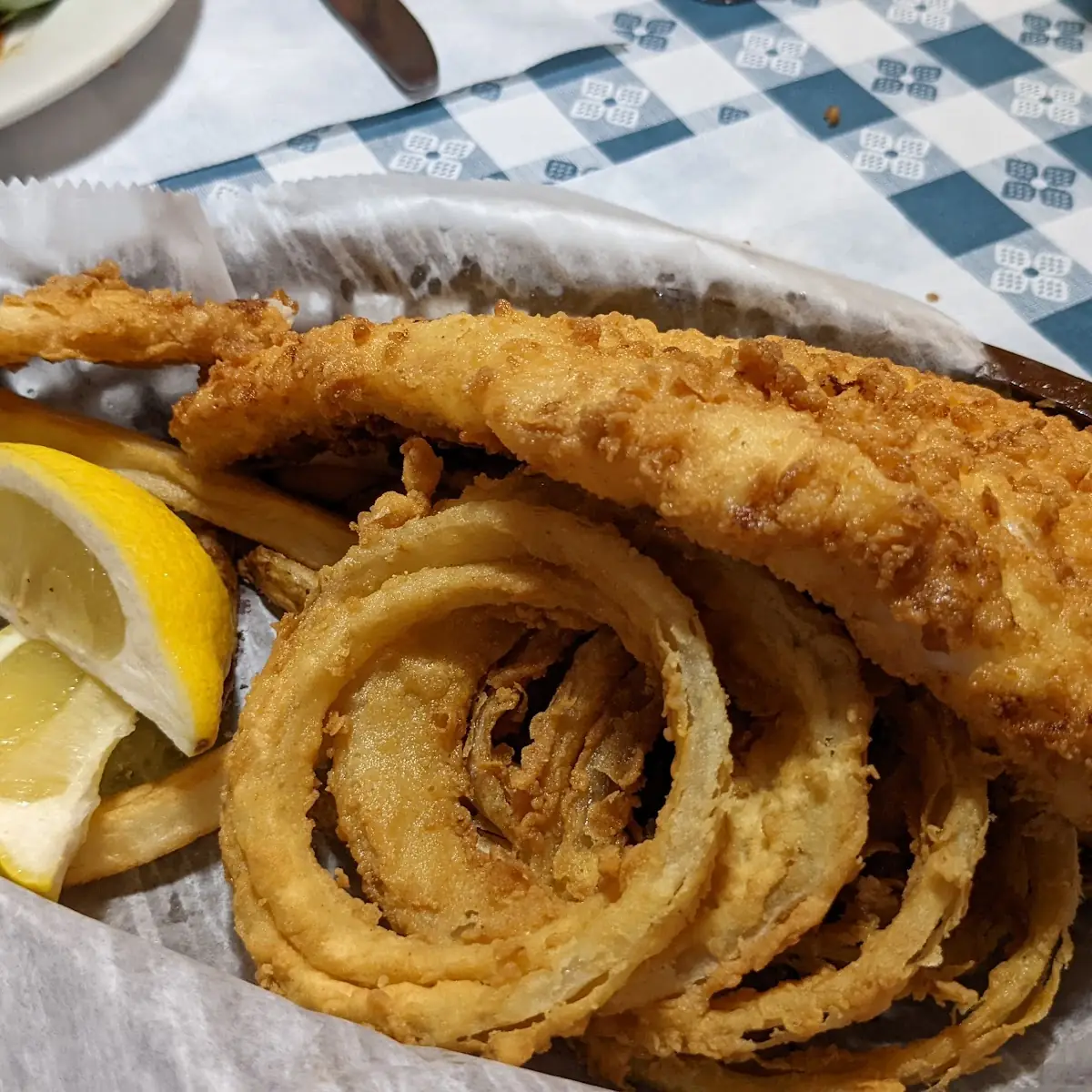 Fried Haddock Dinner with Onion Rings and Fries