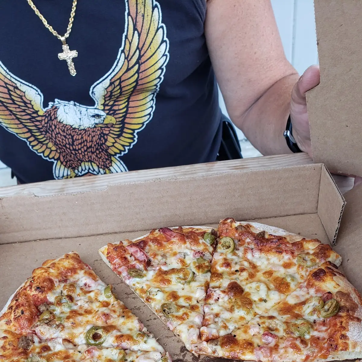 12in Thin Crust w Green Olive Ham & Sausage Also Single Dip Butter Pecan Ice Cream in a Waffle Cone