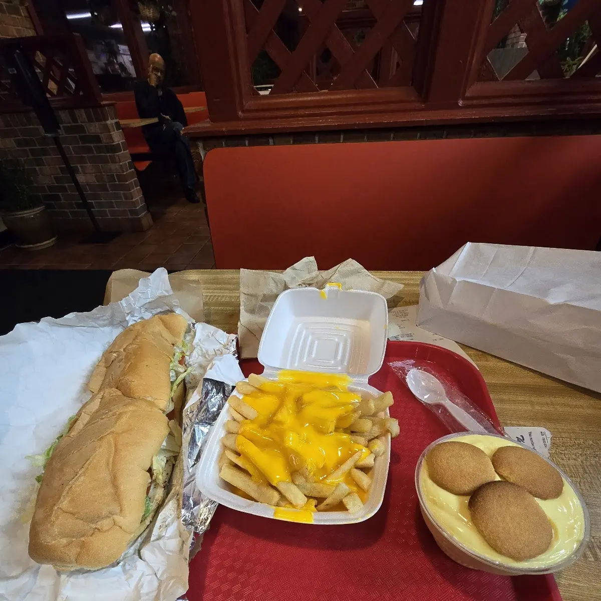 Chicken PO Boy Cheese Fries Banana Pudding