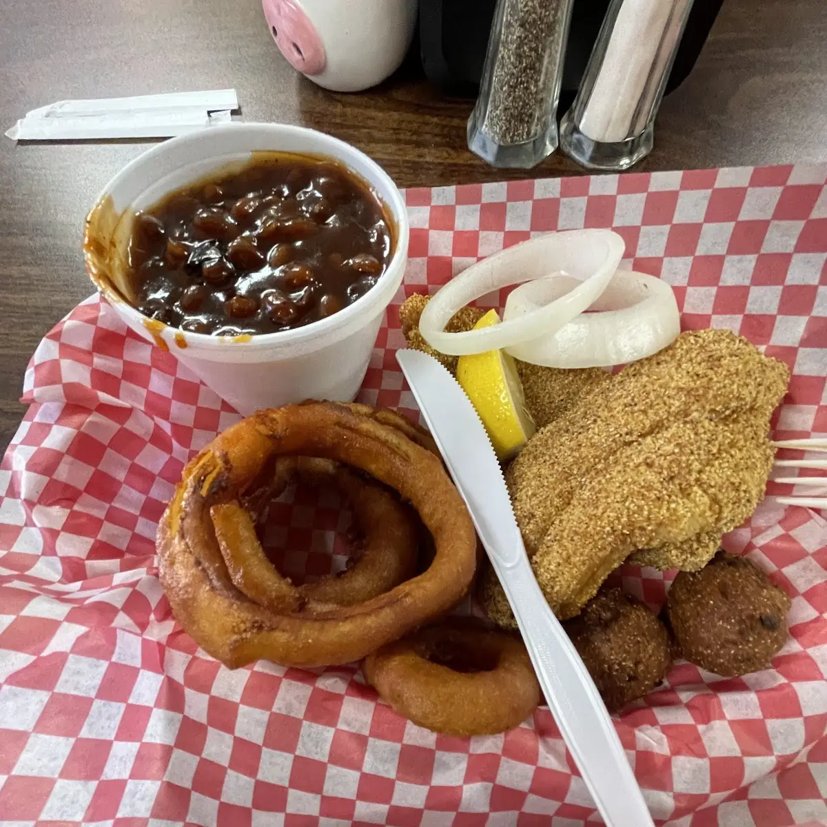 Catfish Onion Rings and Baked Beans