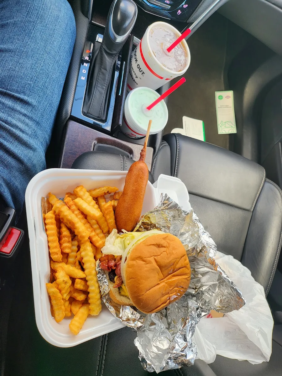 Bacon Cheeseburger with Fries and a Corn Dog