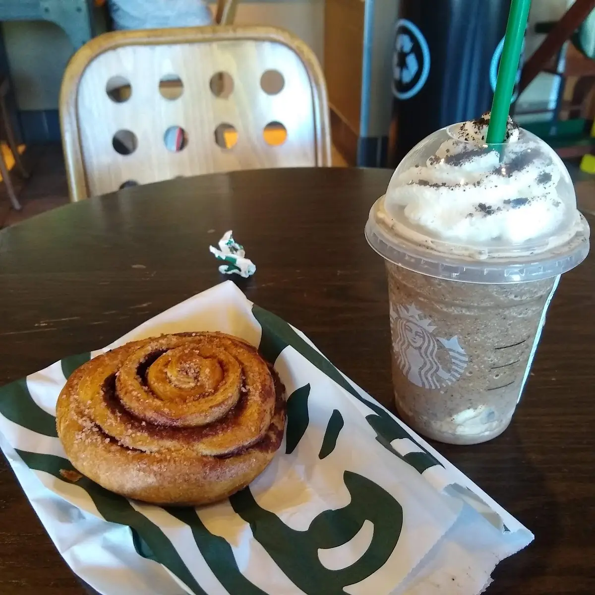 Cookie Frappuccino and Cinnamon Roll