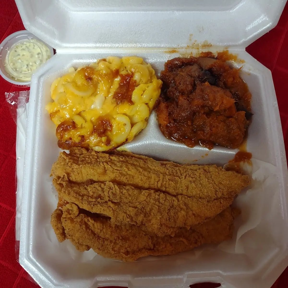 Fried Fish with Mac N Cheese and Cabbage