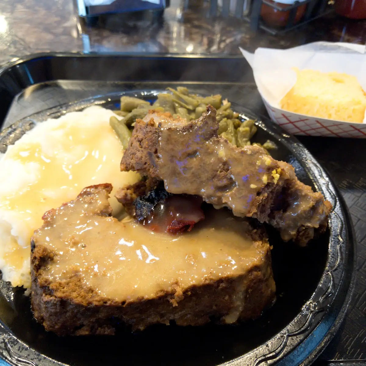 Meatloaf Mashed Potatoes and Gravy Green Beans