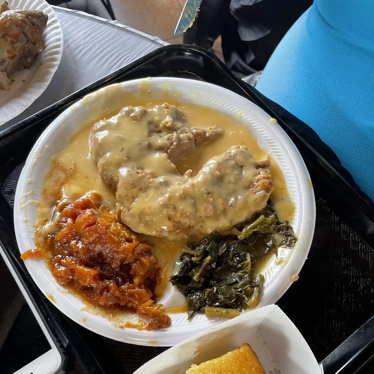 Smothered Pork Chops Yams Greens and Cornbread