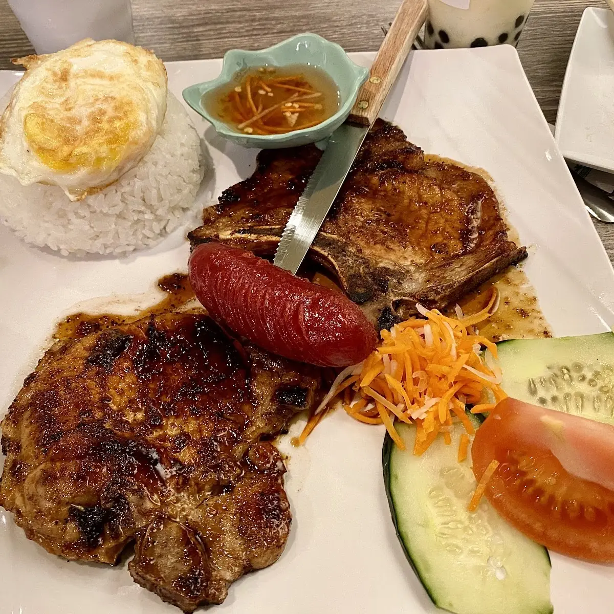 Marinated Grilled Pork Chop with Fried Egg