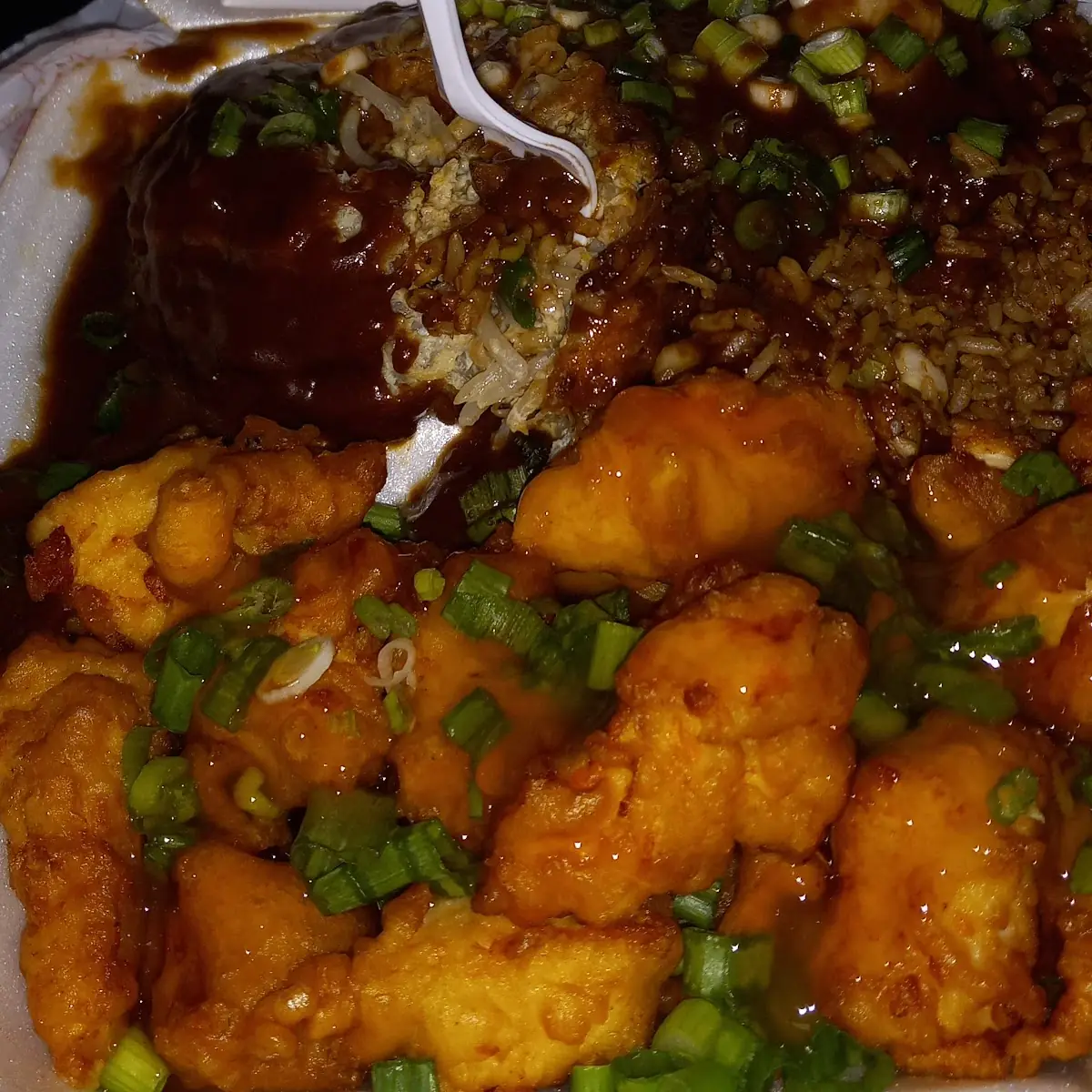 Shrimp Egg Foo Young & Sweet Sour Chicken Extra Green Onion on Top