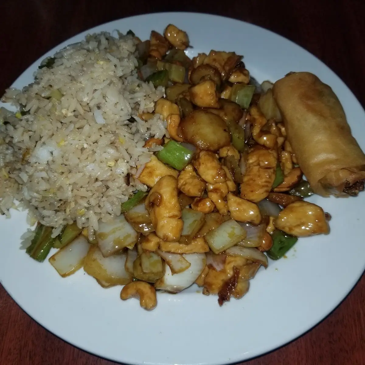 Cashew Chicken with Fried Rice and Spring Roll
