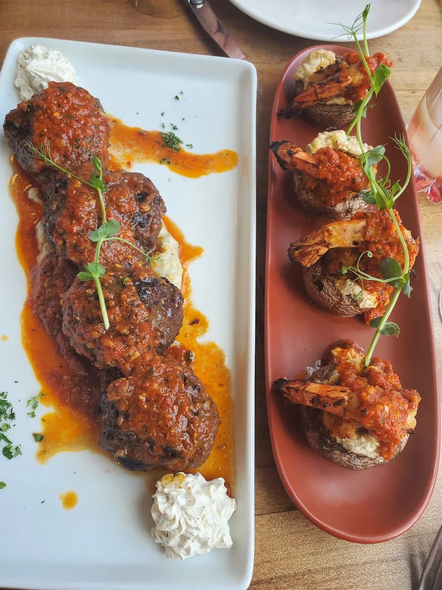 Wagyu Meatballs & Shrimp Feta Mushrooms