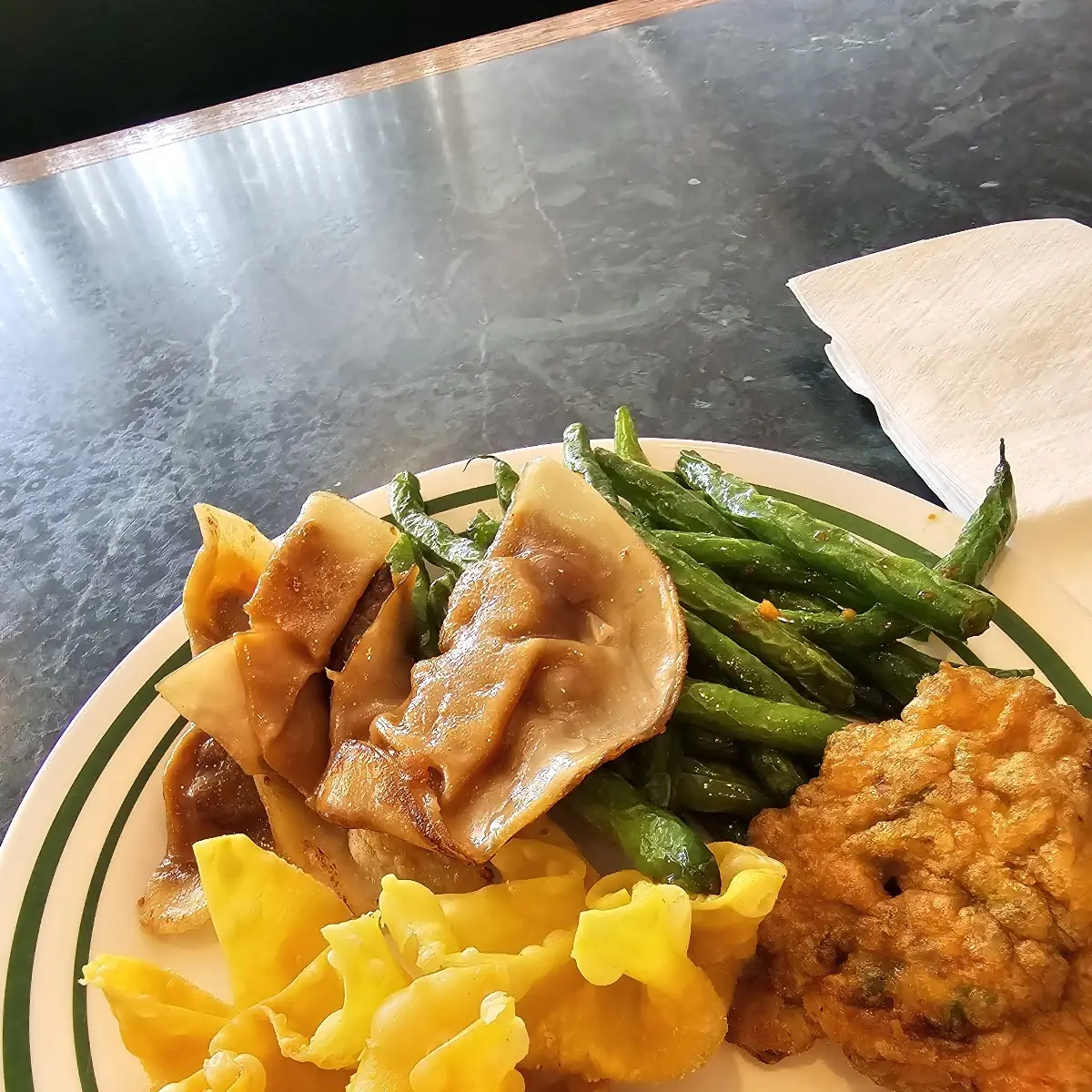 Crab Ragoon Green Beans Pot Stickers Chicken Egg Foo Young