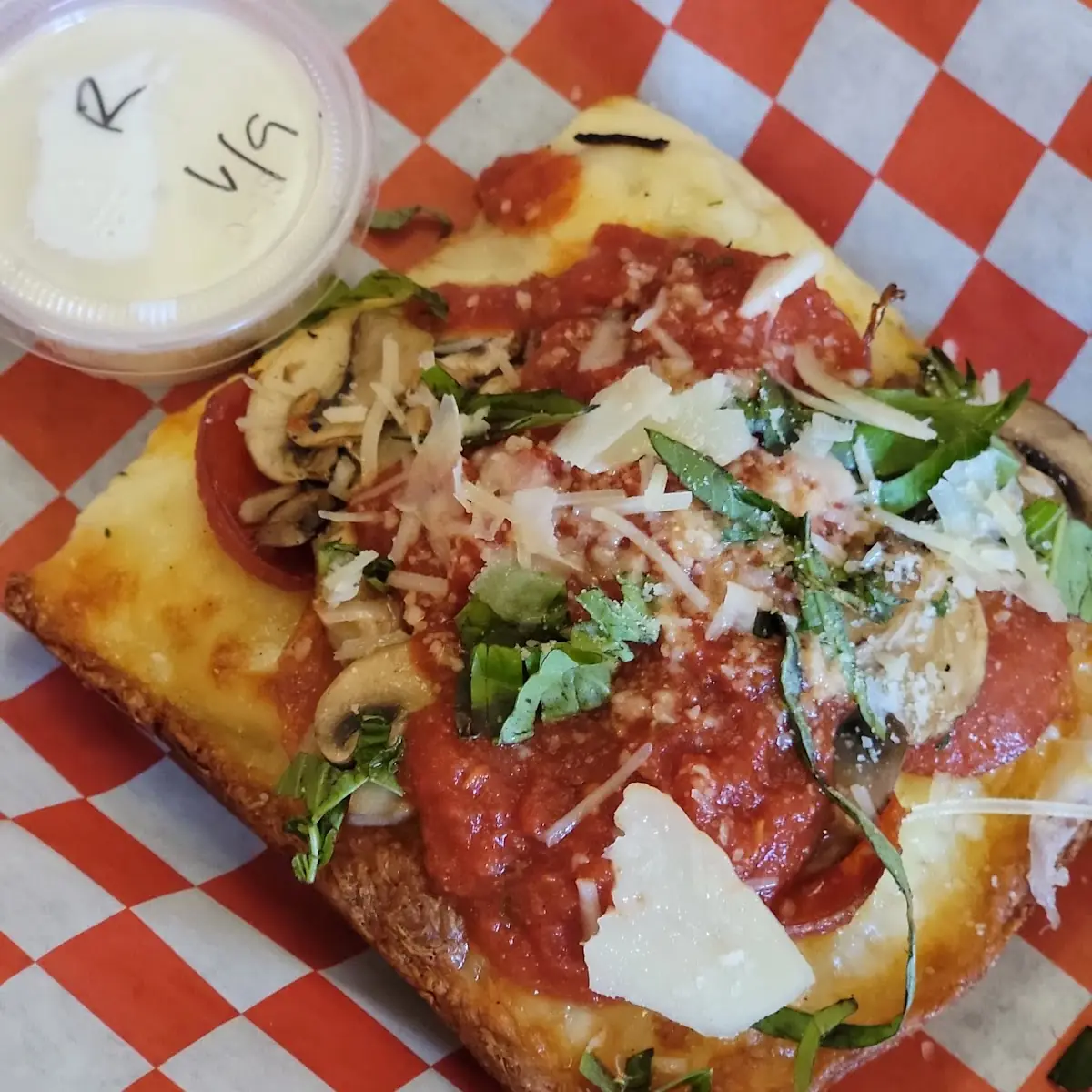 Deep Dish Slice with Pepperoni and Mushrooms