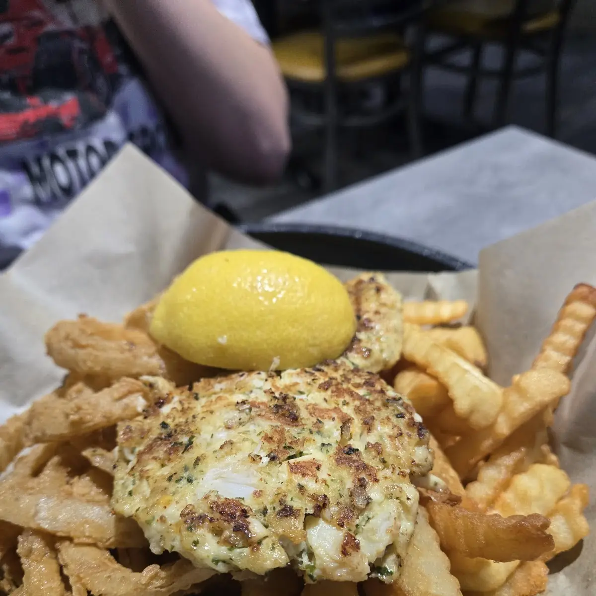 Clam Strips Grilled Salmon Crabcakes