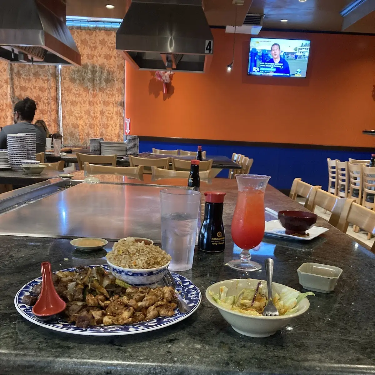 1 Chicken Steak Well Done with Fried Rice 1 Deep Fried Soft Shell Crab 1 Zombie Liquor Drink
