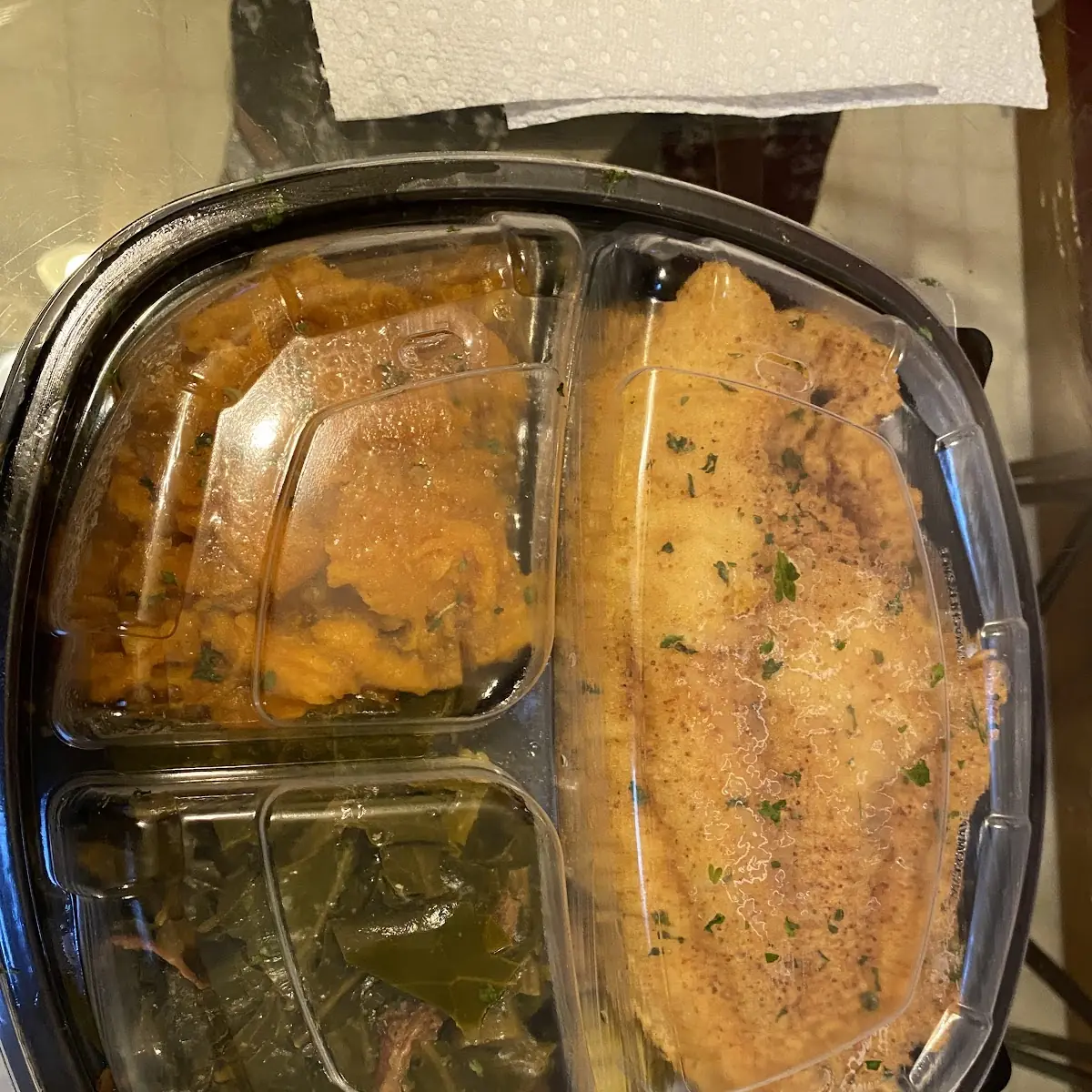 Catfish Dinner with Greens and Sweet Potatoes