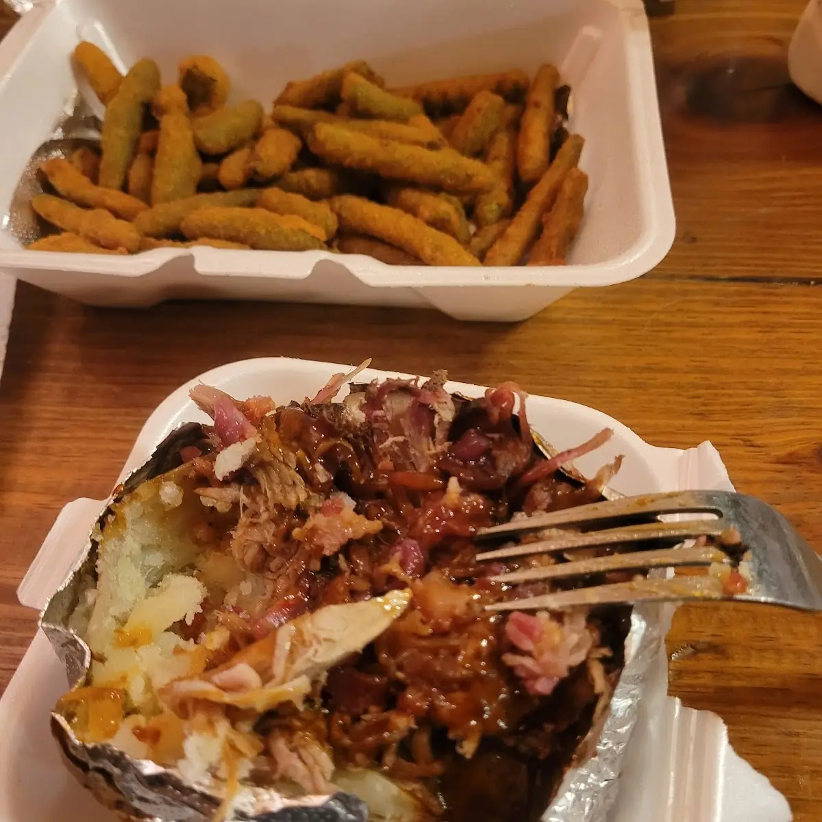 Pulled Pork Loaded Baked Potato and Fried Green Beans