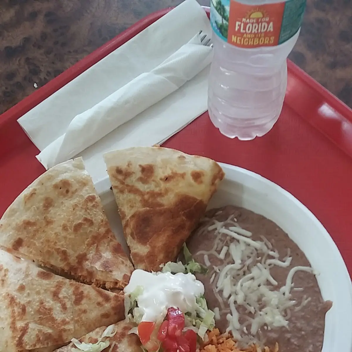 Lunch Chicken Quesadilla with Rice and Beans