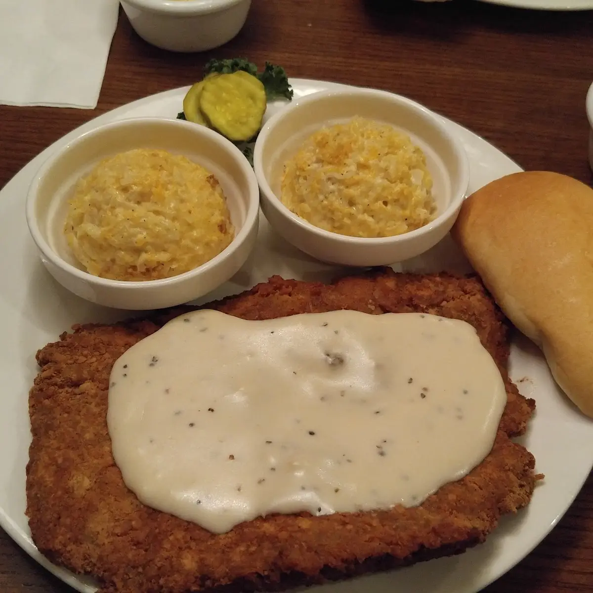 Country Fried Steak w Mashed Potatoes Dumplings & Fried Okra