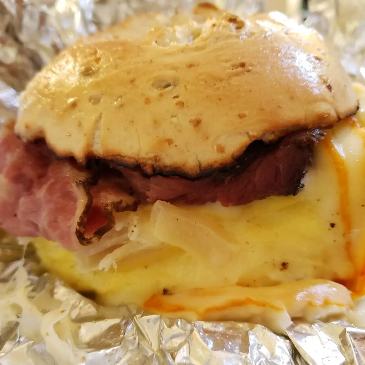 Breakfast Sandwich Eggel with Pastrami and Muenster Cheese