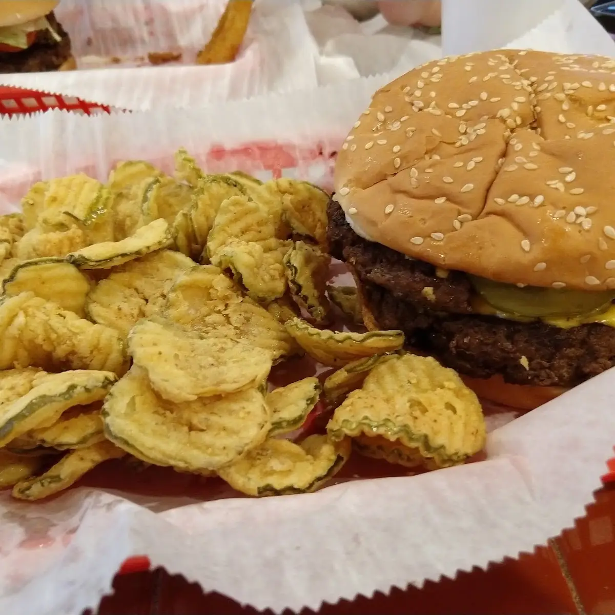 Double Cheese Burger and Fried Pickles