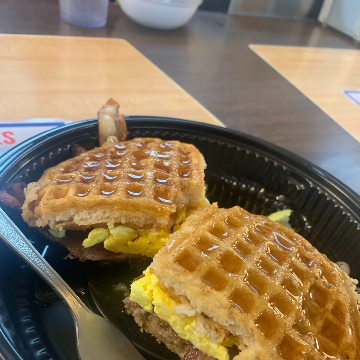 Bacon Egg Sausage Waffle Sandwich