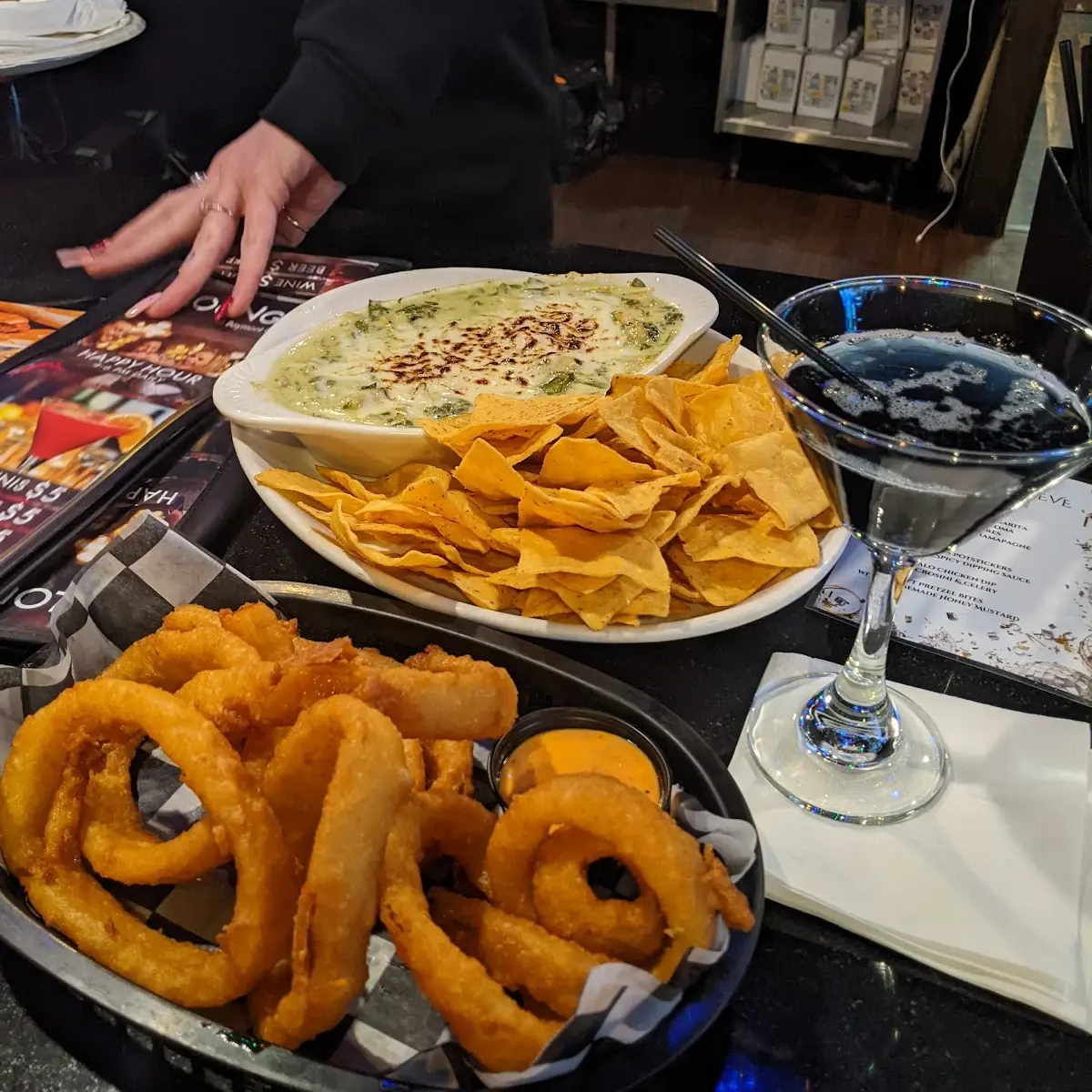 Onion Rings and Artichoke Spinach Dip